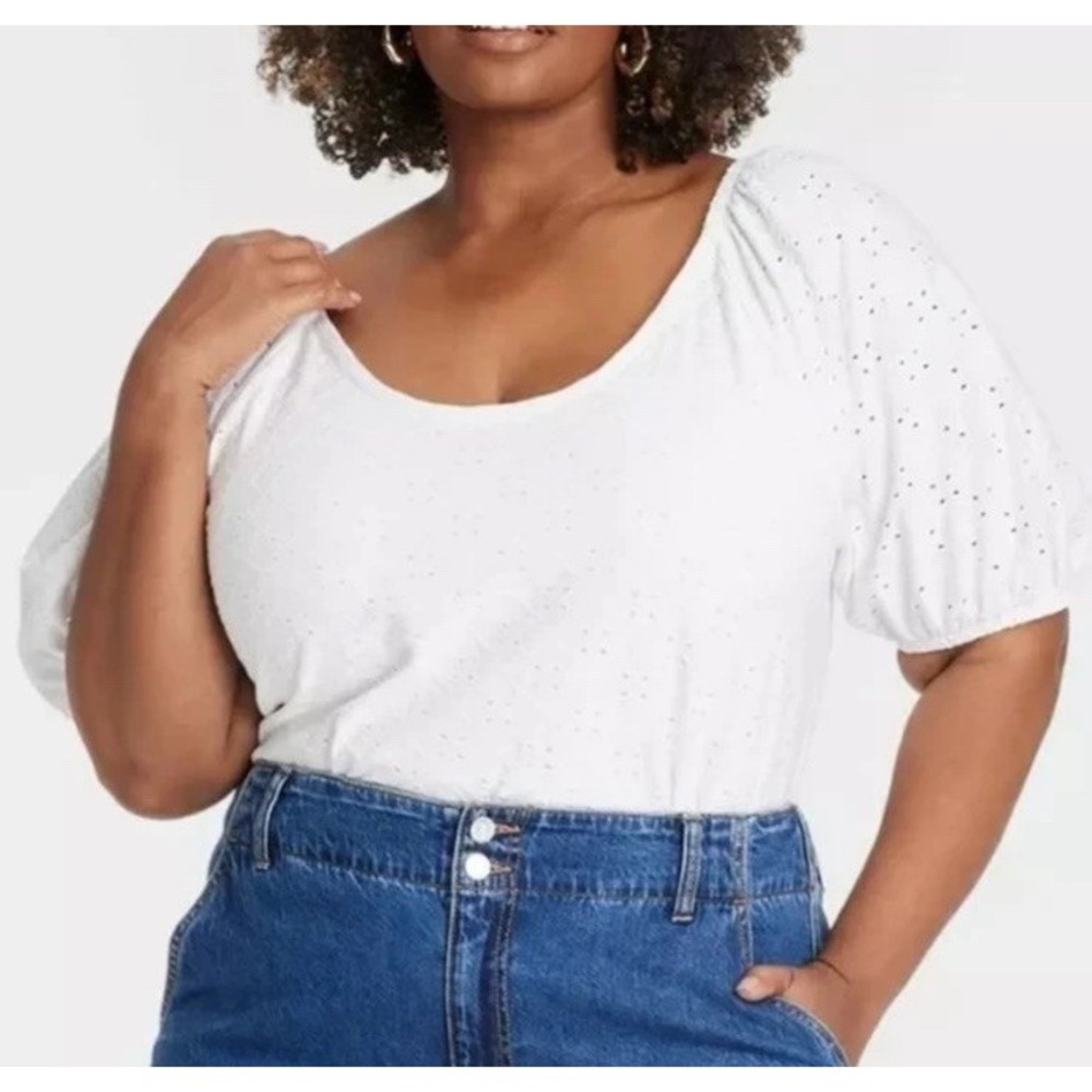 Ava & Viv White Eyelet Stretch Peasant Top Blouse Size 1X